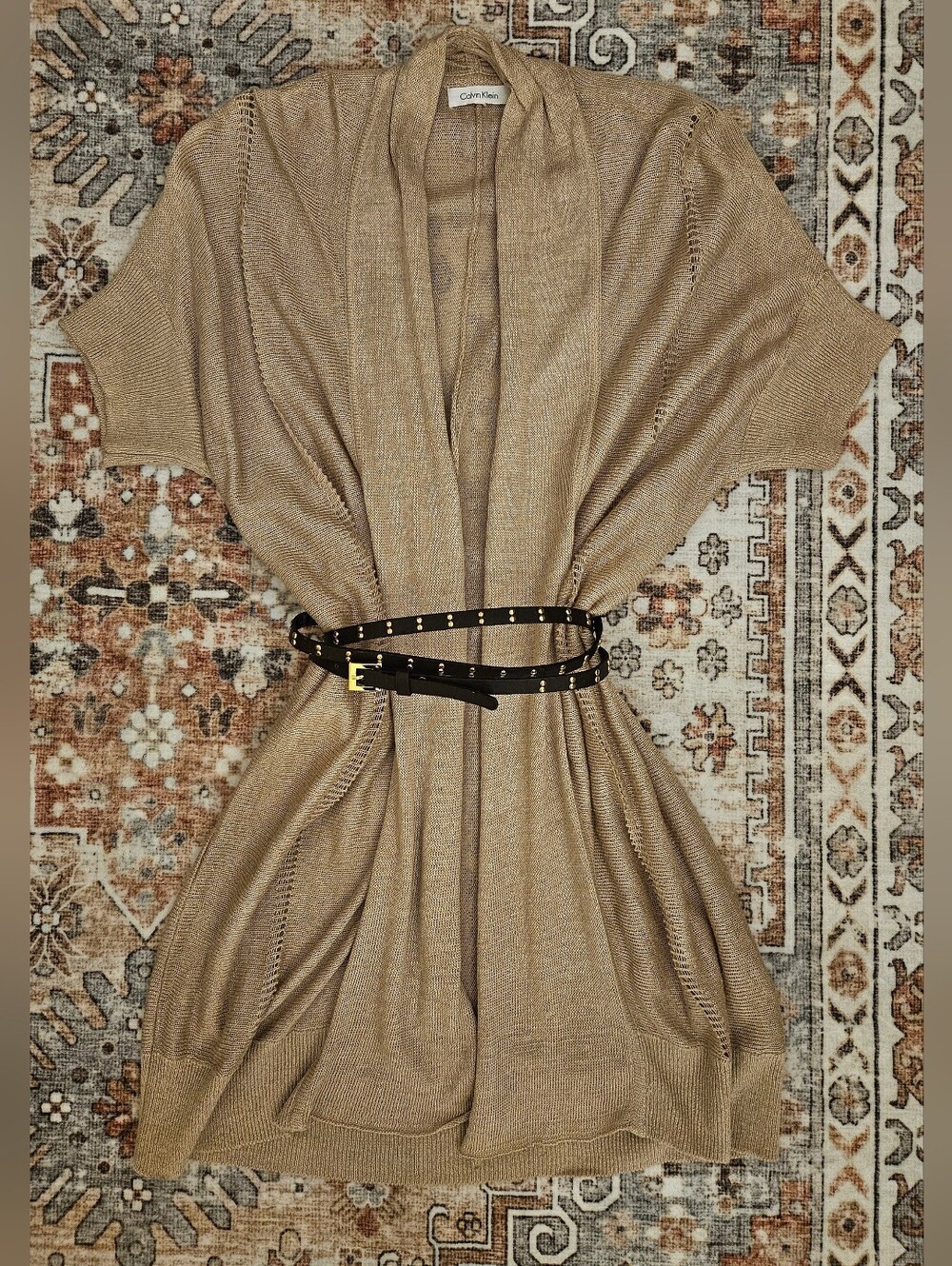 Calvin Klein Knit Open Cardigan with Brown Wrap Belt With Gold Studs